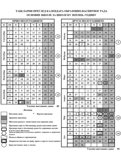 Календар - основна школа 2025/26.