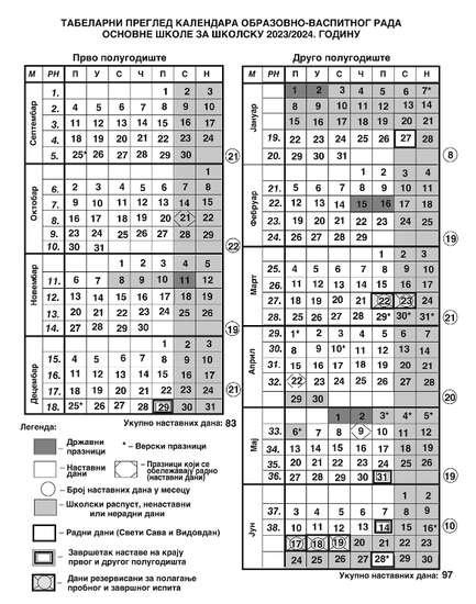 Календар образовно васпитног рада за основну школу 2023/24.